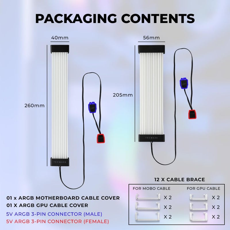 TECWARE Flex RGB Cable Cover Kit | Compatible with 24-Pin Motherboard and 8-Pin/16-Pin GPU | ARGB PSU Cable Extension with 5V 3-Pin Sync | RGB Lighting Kit for PC Cables | Black - Image 4